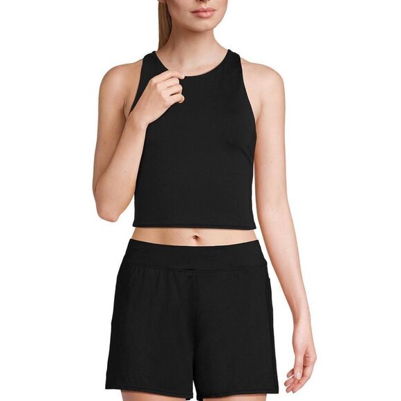 Land's End Plus Racer Back High Neck Tankini shelf bra removable cups black Var - Picture 1 of 6